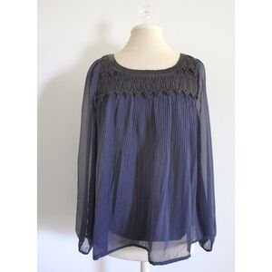 H&M Pleated Chiffon Crochet Apron Neckline Semi Sheet Blouse 4 Preowned